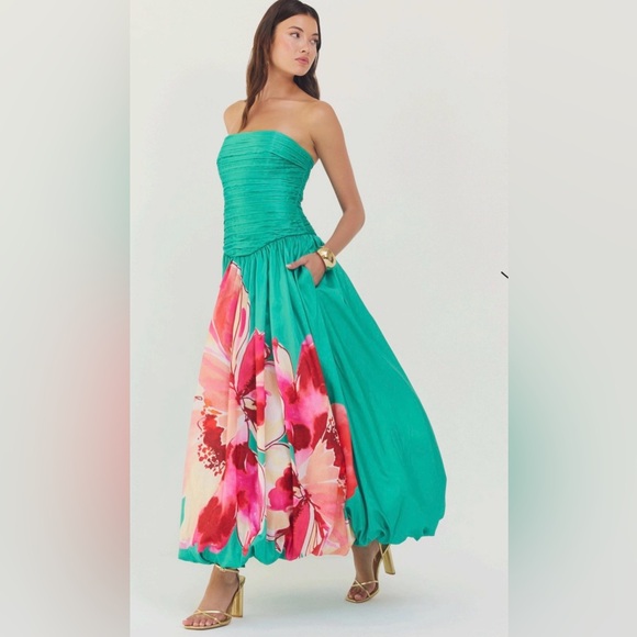 hutch phoebe strapless tiered maxi dress Hutch Phoebe Strapless Tiered Maxi Dress Sleeveless Teal Floral Size 8 NWT